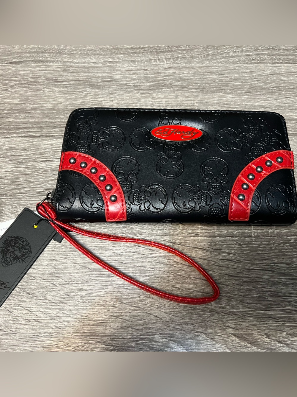 Ed Hardy Black and Red Skull-Embossed Wristlet Wallet NWT